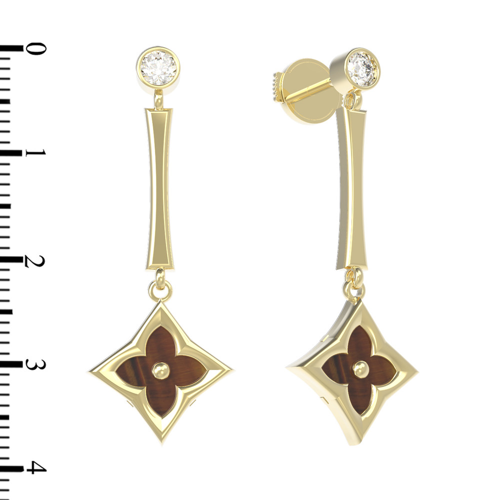 Серьги из лимонного золота c фианитом и тигровым глазом