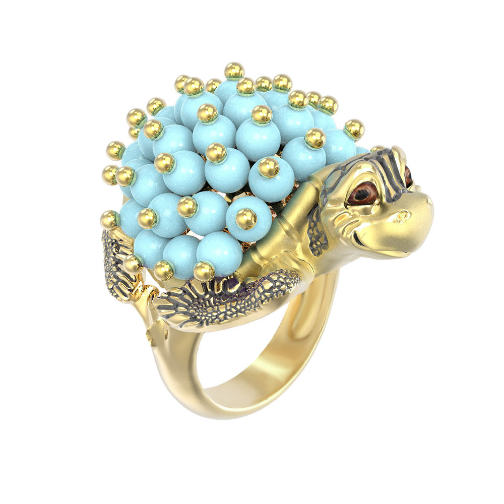 Кольцо из лимонного золота c эмаль и бирюзой