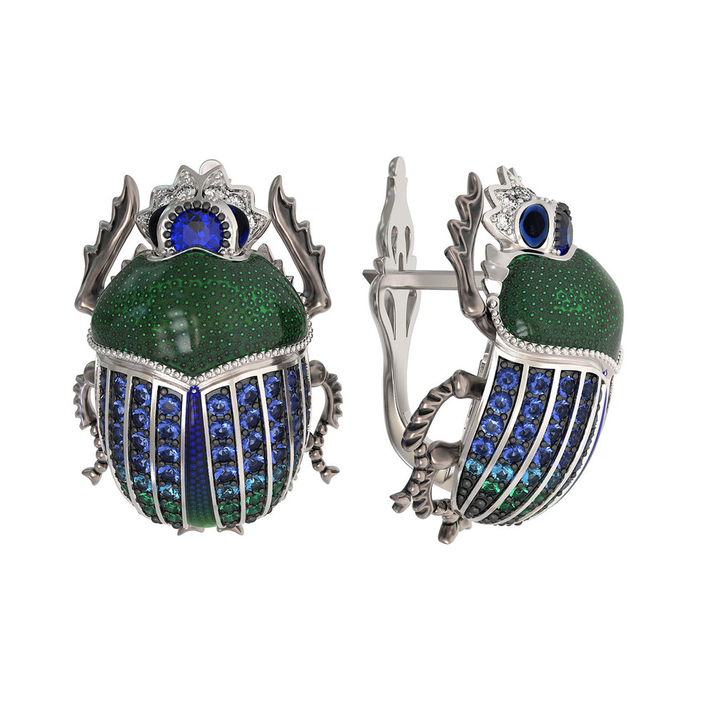 Серьги из белого золота c эмаль , фианитом и сапфиром