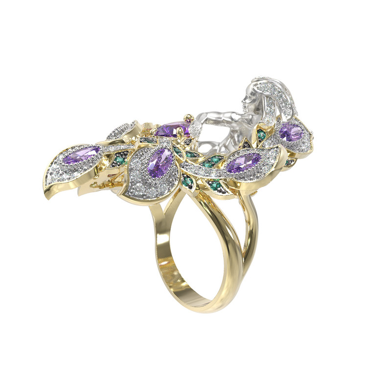 Кольцо из лимонного золота c фианитом и аметистом