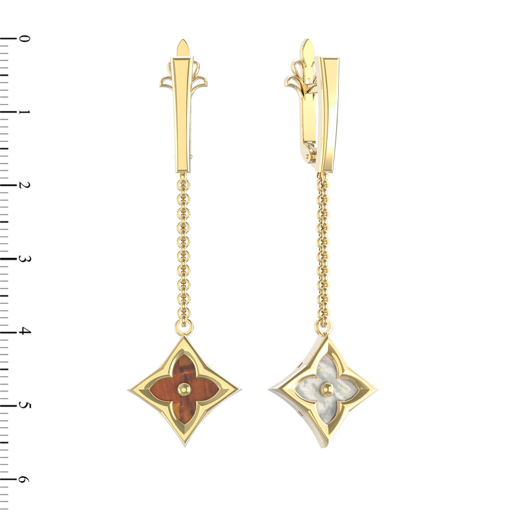 Серьги из лимонного золота c тигровым глазом и перламутром