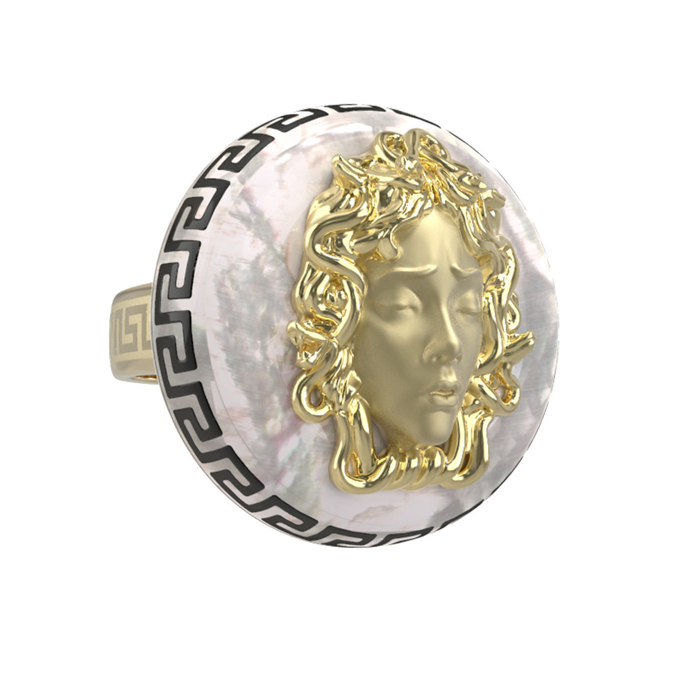 Кольцо из лимонного золота c эмаль и перламутром