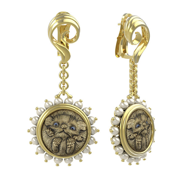 Серьги из лимонного золота c эмаль и жемчугом