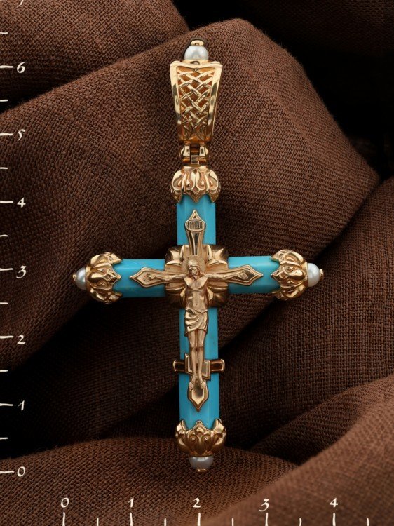 Крест из золота c жемчугом и бирюзой