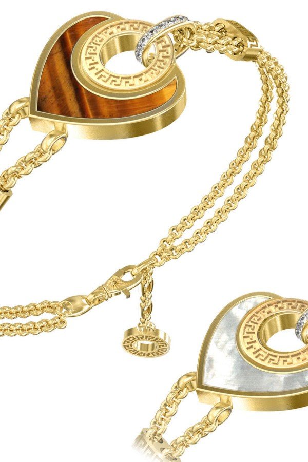 Браслет из лимонного золота c фианитом, тигровым глазом и перламутром