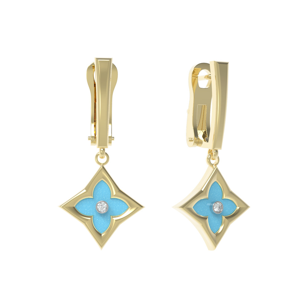 Серьги из лимонного золота c бриллиантами и бирюзой