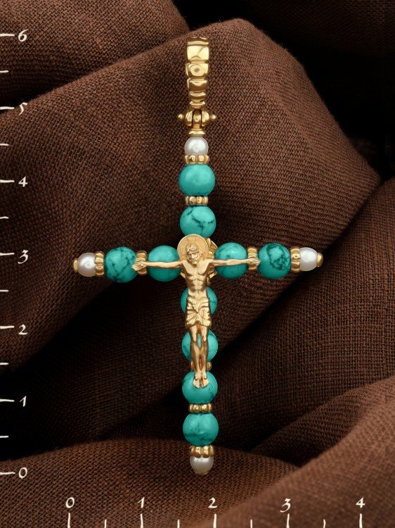 Крест из лимонного золота c жемчугом и бирюзой