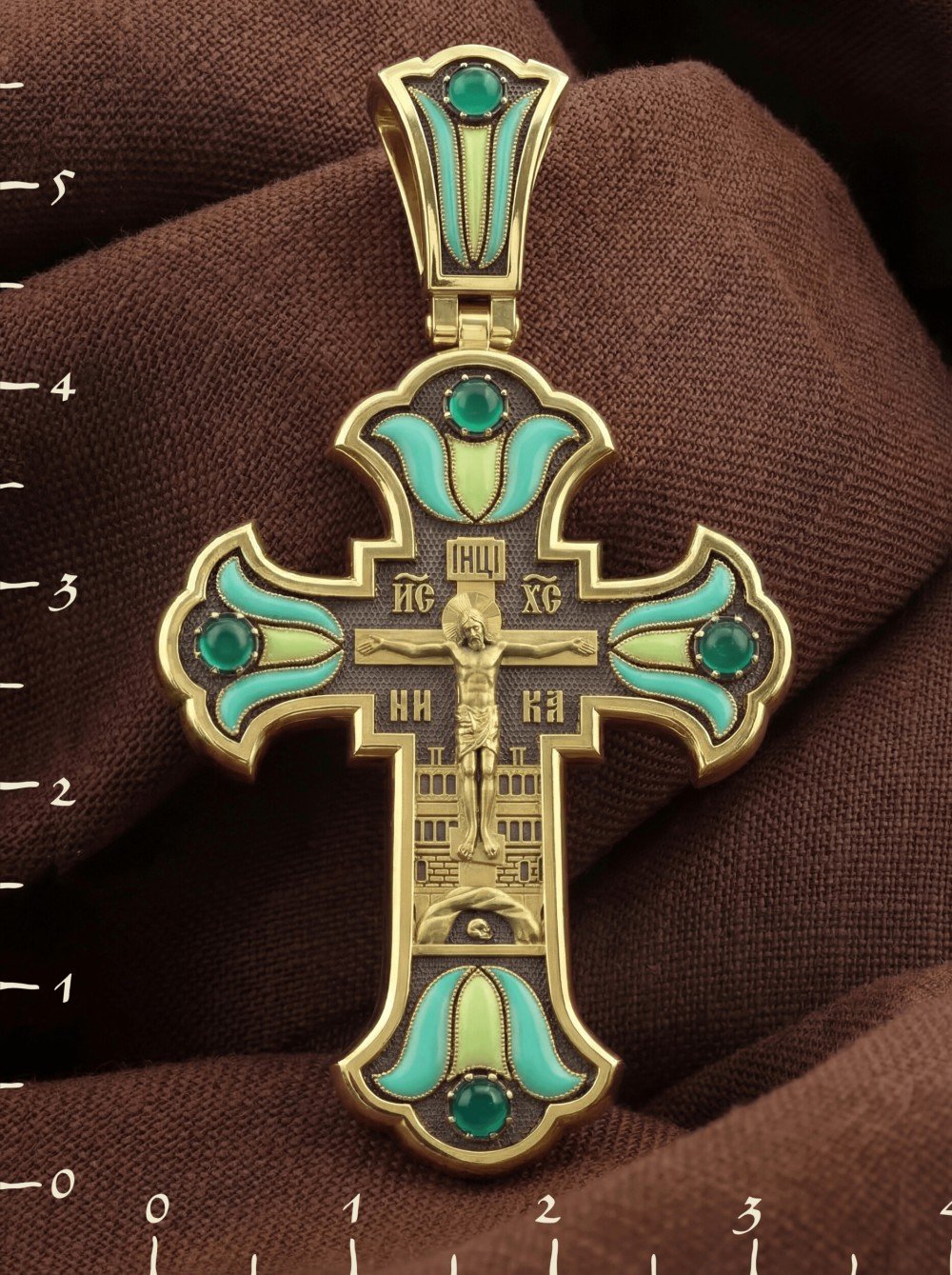 Крест из лимонного золота c эмалью и хризопразом