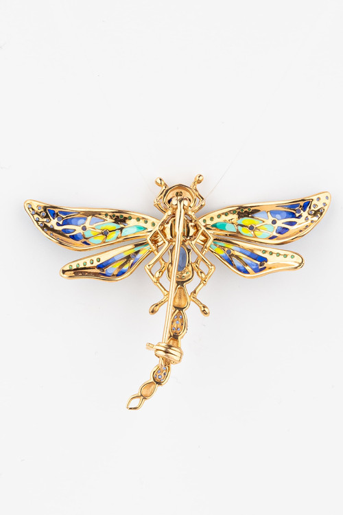 Брошь из золота c фианитом, сапфиром и эмалью