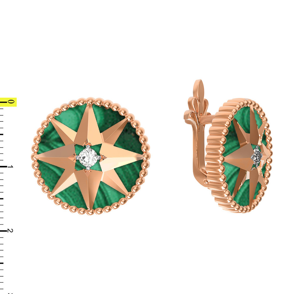 Серьги из золота c фианитом и малахитом