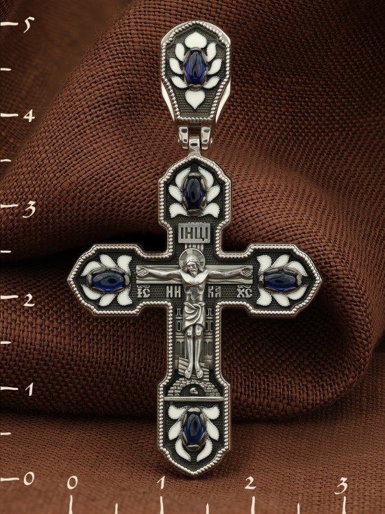 Крест из белого золота c эмаль и сапфиром