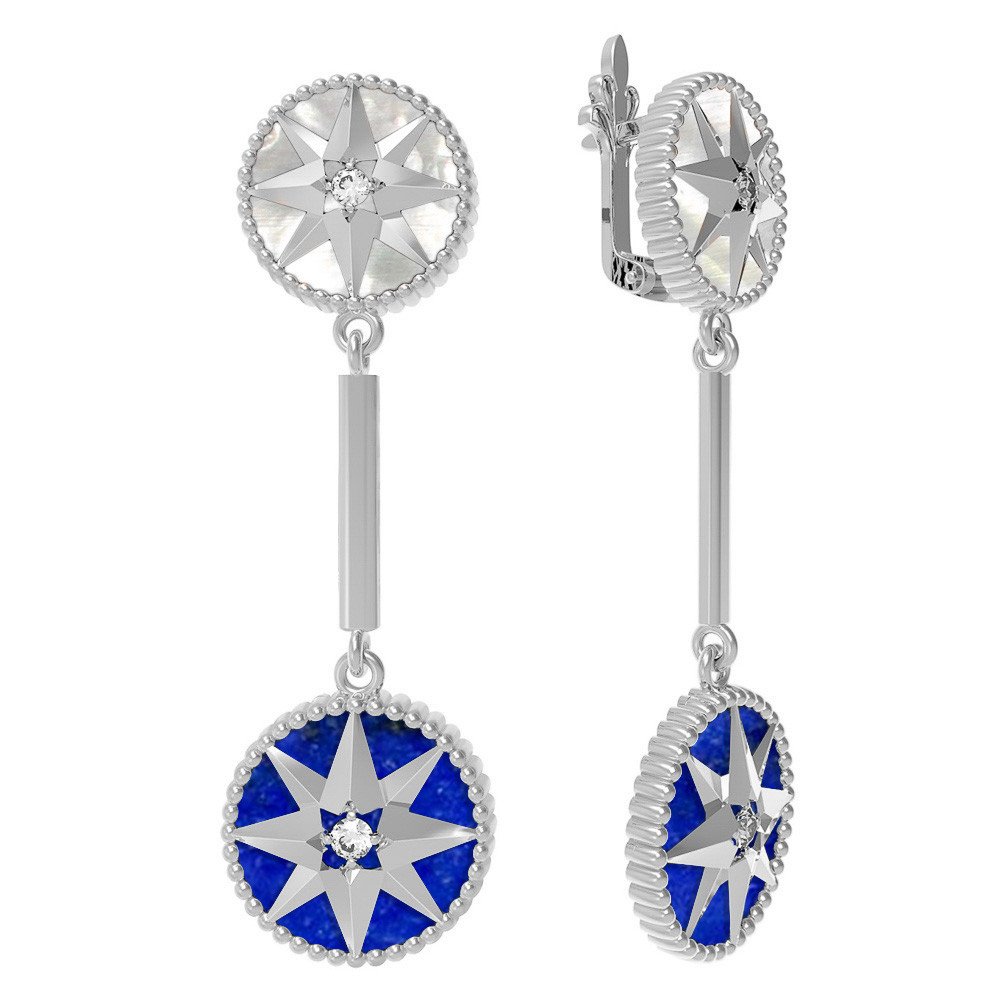 Серьги из белого золота c фианитом, лазуритом и перламутром