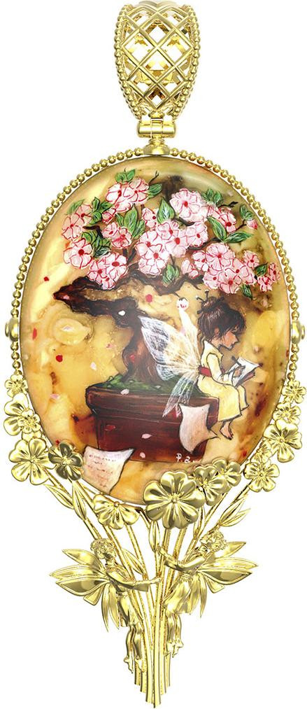 Подвеска из лимонного золота c росписным янтарём