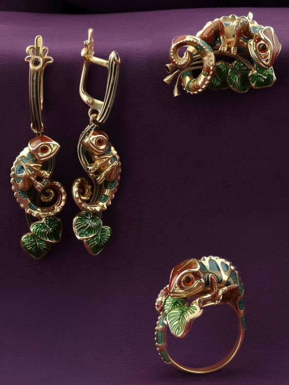 Серьги из лимонного золота c эмаль и гранатом