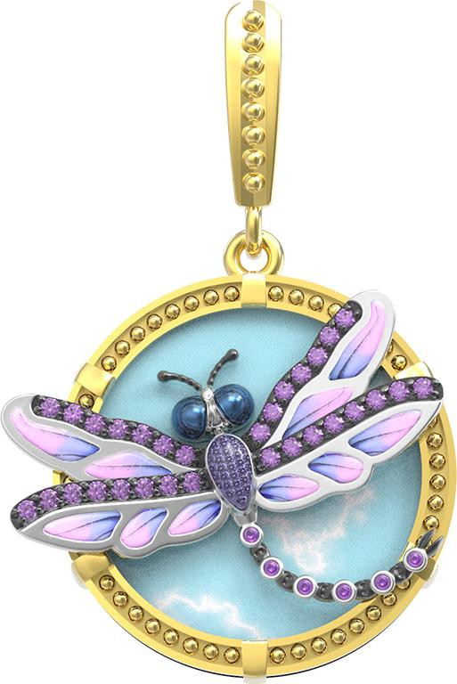 Подвеска из лимонного золота c бирюзой, аметистом и эмалью