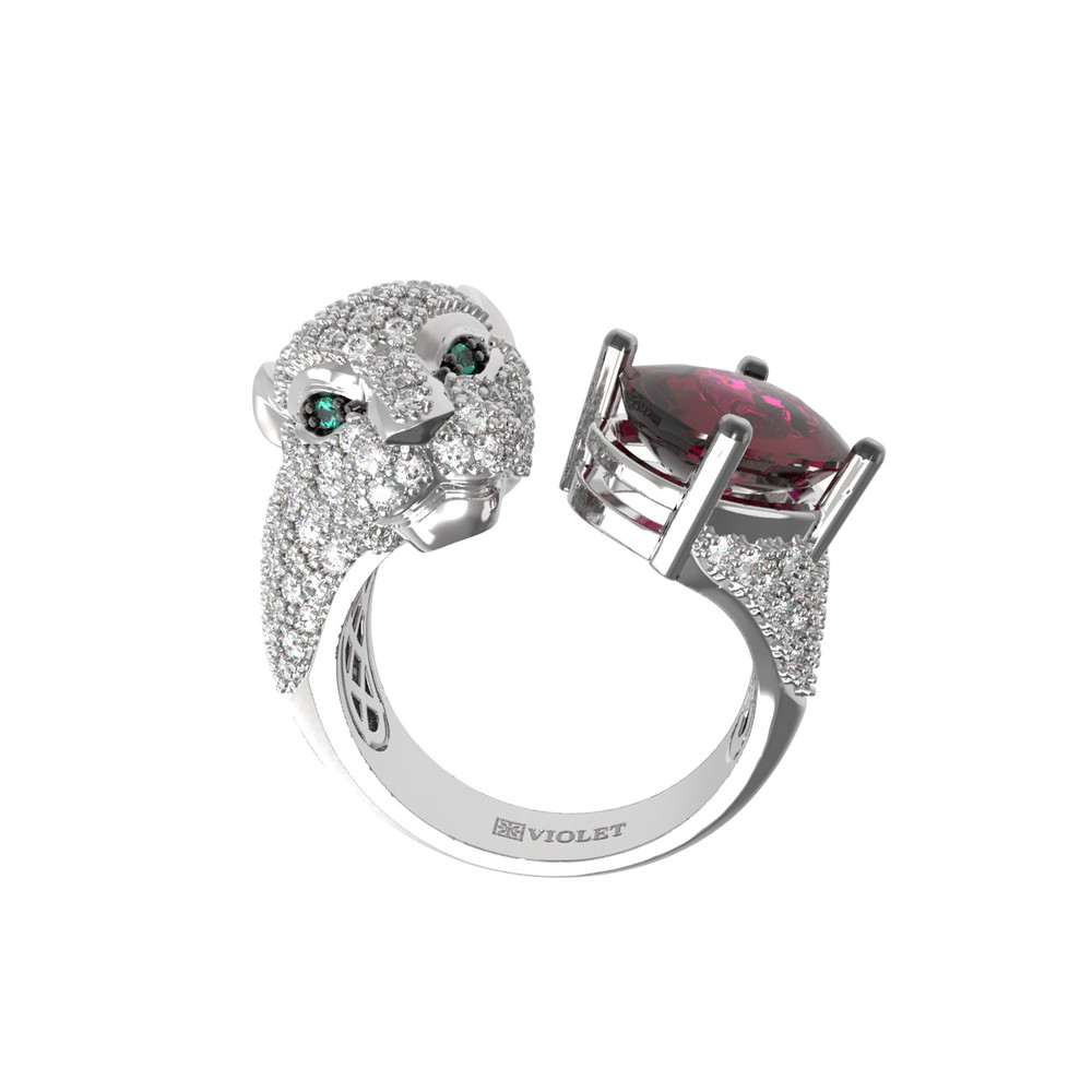 Кольцо из белого золота c бриллиантами, рубином и изумрудом