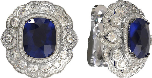 Серьги из белого золота c бриллиантами и сапфиром