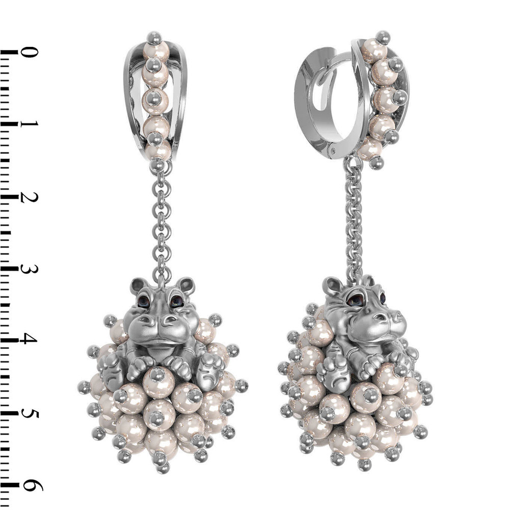 Серьги из белого золота c эмаль и жемчугом