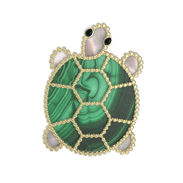 Брошь из лимонного золота c эмалью, малахитом и перламутром