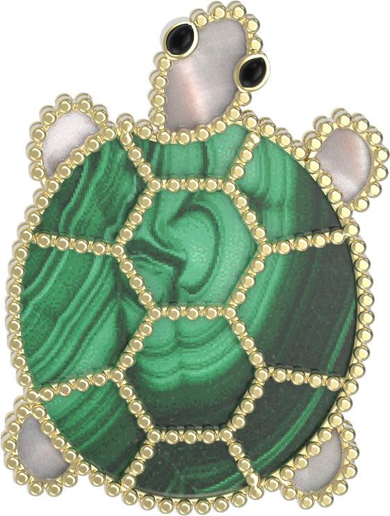 Брошь из лимонного золота c эмаль , малахитом и перламутром