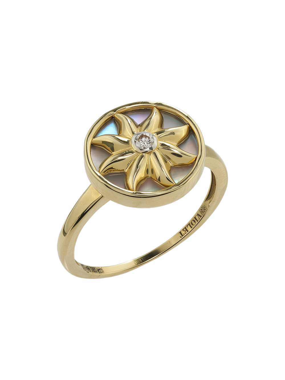 Кольцо из лимонного золота c бриллиантами и перламутром