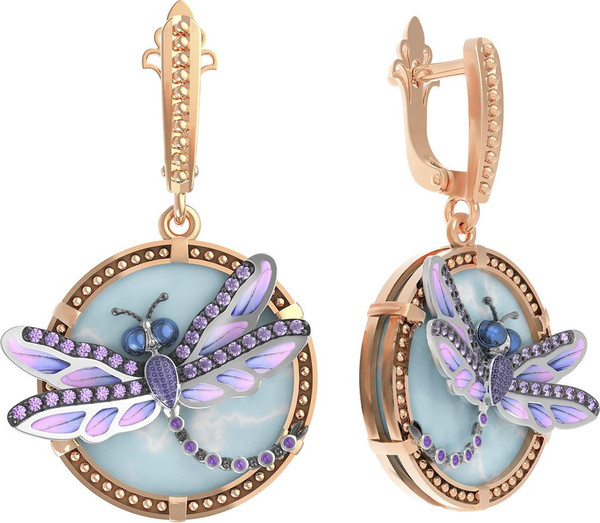 Серьги из золота c бирюзой, аметистом и эмалью