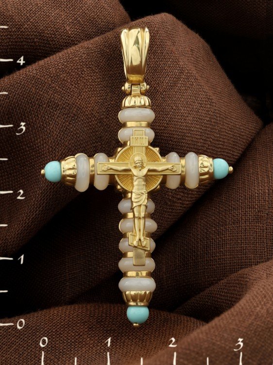 Крест из лимонного золота c бирюзой и кахолонгом