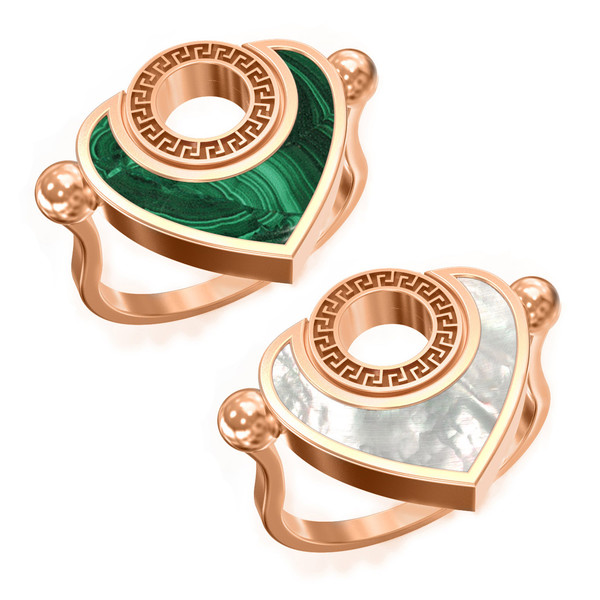 Кольцо из золота c малахитом и перламутром