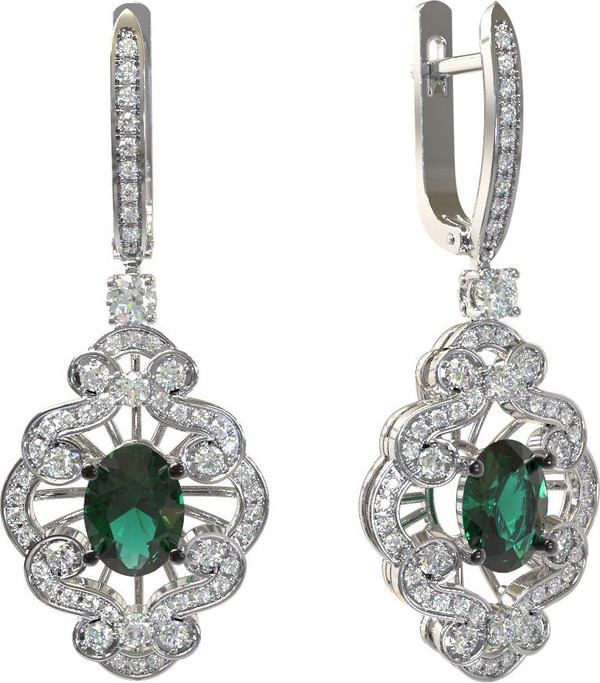 Серьги из белого золота c бриллиантами и изумрудом