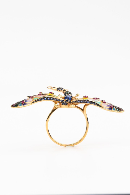 Кольцо из золота c фианитом, рубином, сапфиром и эмалью