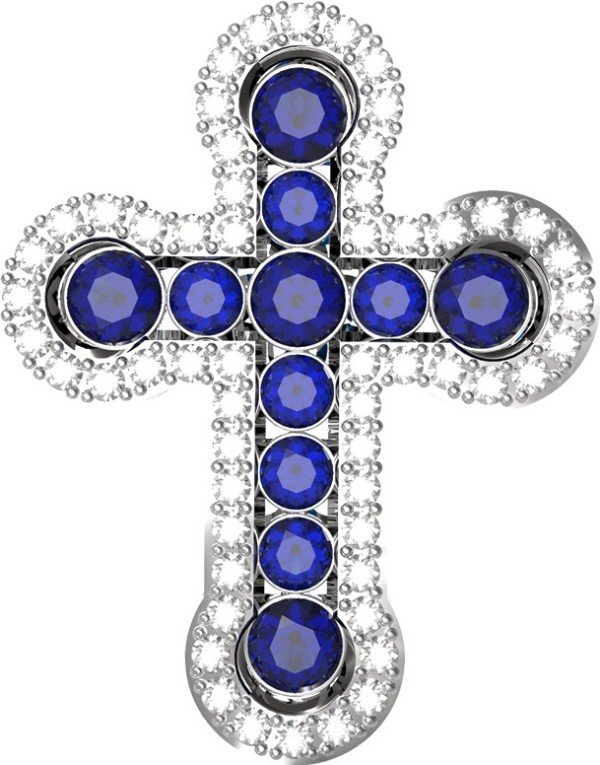 Крест из белого золота c бриллиантами и сапфиром