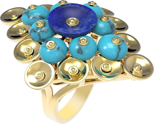 Кольцо из лимонного золота c бирюзой и лазуритом