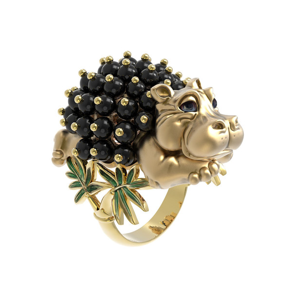 Кольцо из лимонного золота c эмаль и ониксом