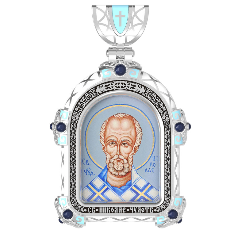 Образок из белого золота c эмаль , иконописью и темперой