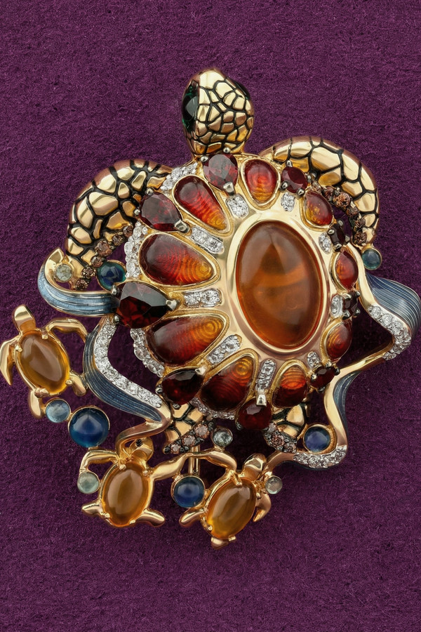 Брошь из лимонного золота c эмаль , фианитом, гранатом и янтарём