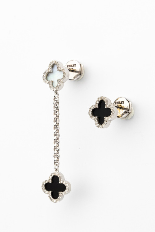 Серьги из белого золота c бриллиантами, ониксом и перламутром