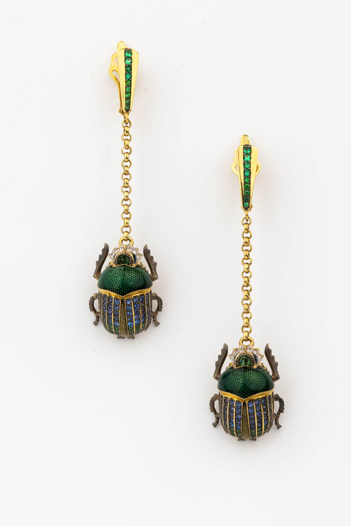 Серьги из лимонного золота c эмаль , фианитом, турмалином и сапфиром