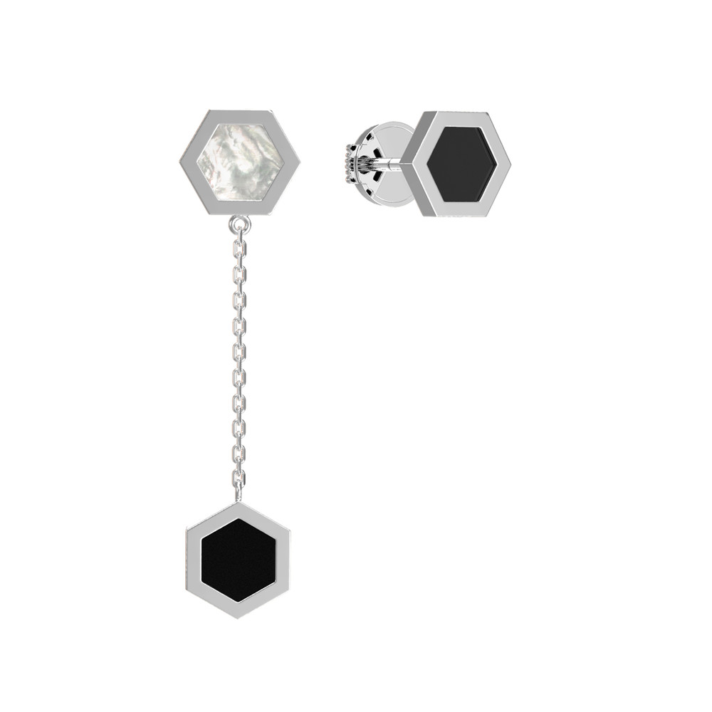 Серьги из белого золота c ониксом и перламутром