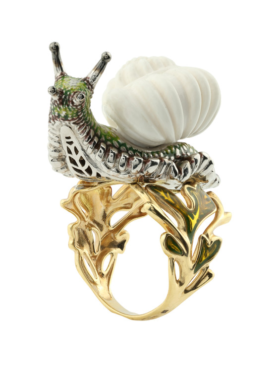 Кольцо из лимонного золота c эмаль и бивнем мамонта