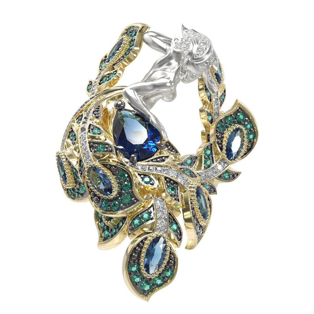 Кольцо из лимонного золота c фианитом и топазом London Blue