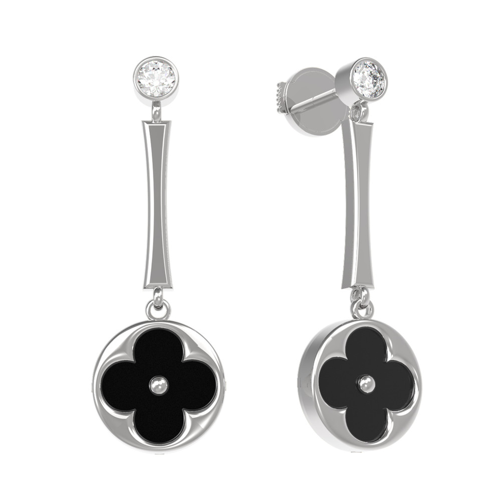 Серьги из белого золота c фианитом и ониксом