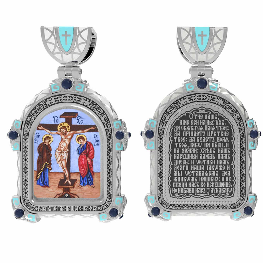Образок из белого золота c эмаль , иконописью и темперой