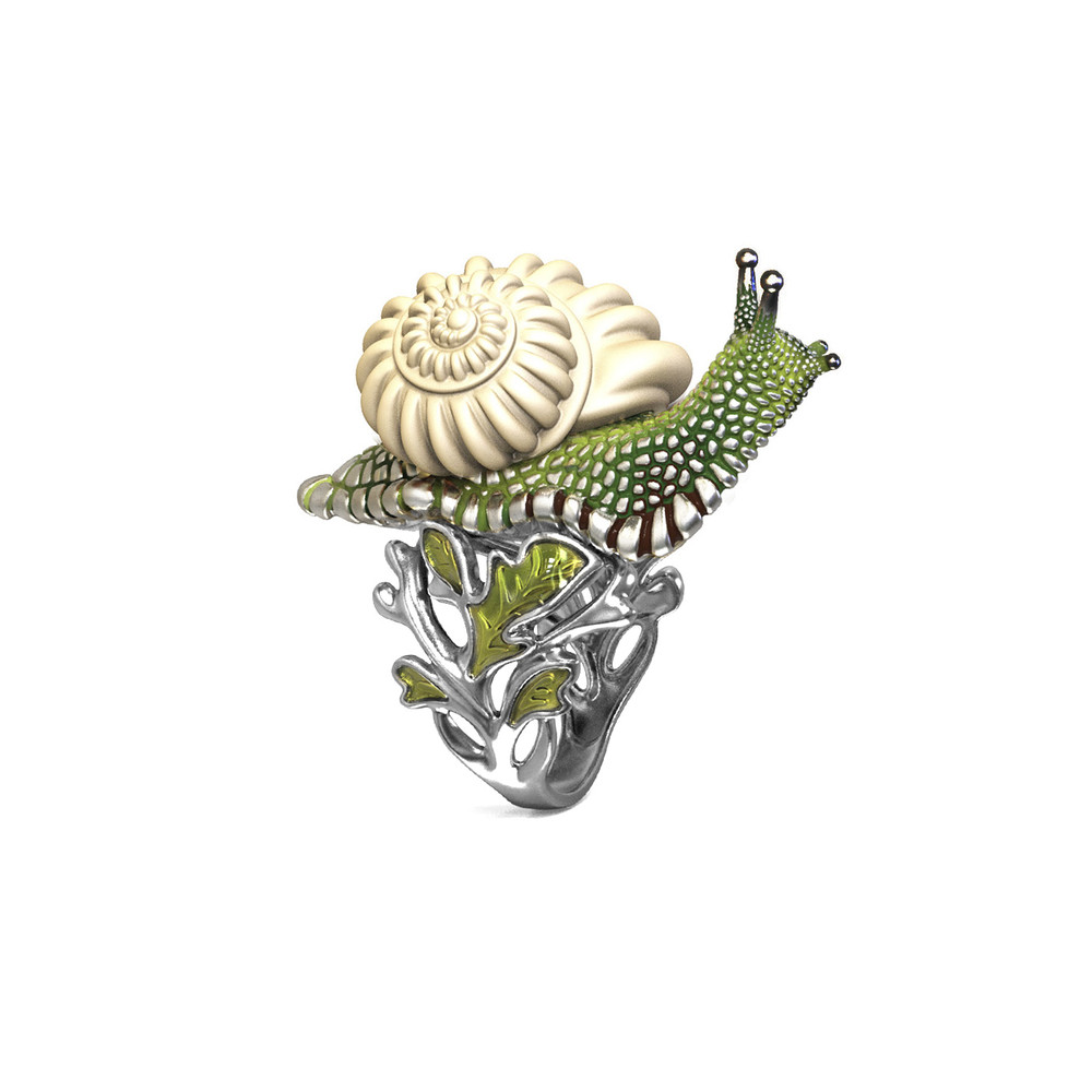 Кольцо из белого золота c эмалью и бивнем мамонта