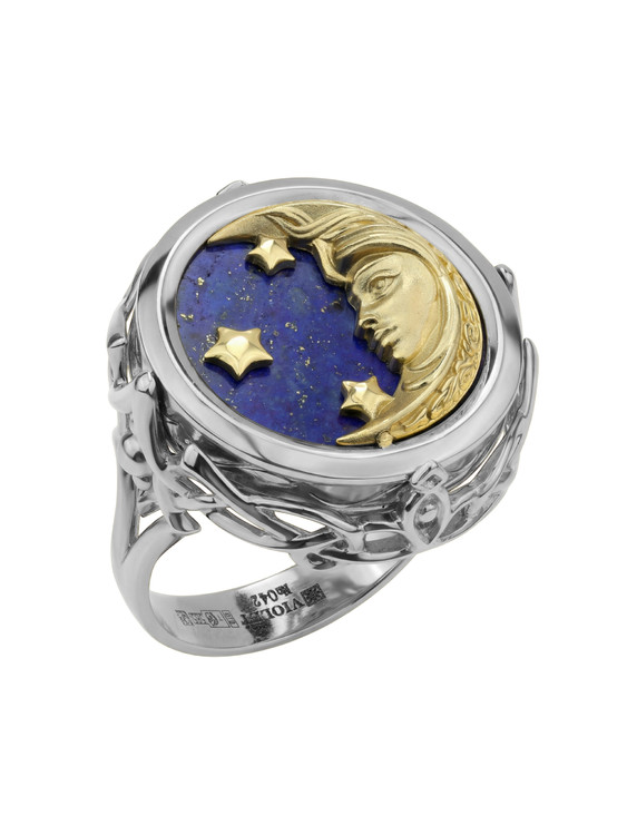 Кольцо из белого золота c бирюзой и лазуритом