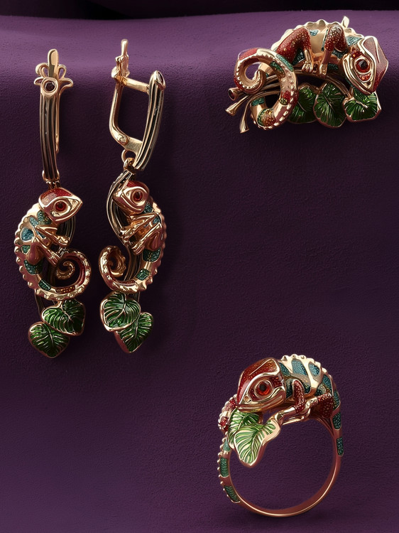 Серьги из золота c эмаль и гранатом